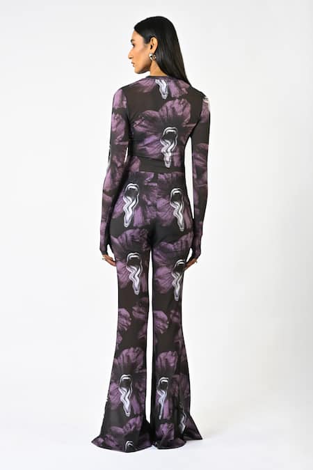 Huemn Sculpted Purple Lycra Printed Bootcut Pant 
