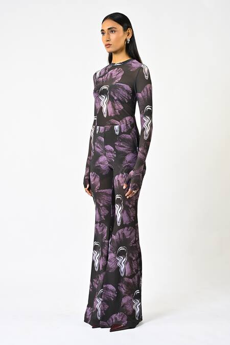 Buy_Huemn_Purple Lycra, Net Sculpted Printed Bootcut Pant _Online_at_Aza_Fashions
