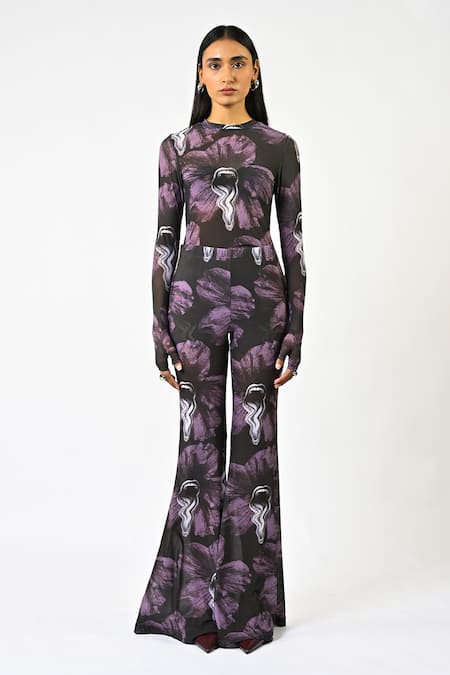 Huemn Purple Lycra, Net Sculpted Printed Bootcut Pant 