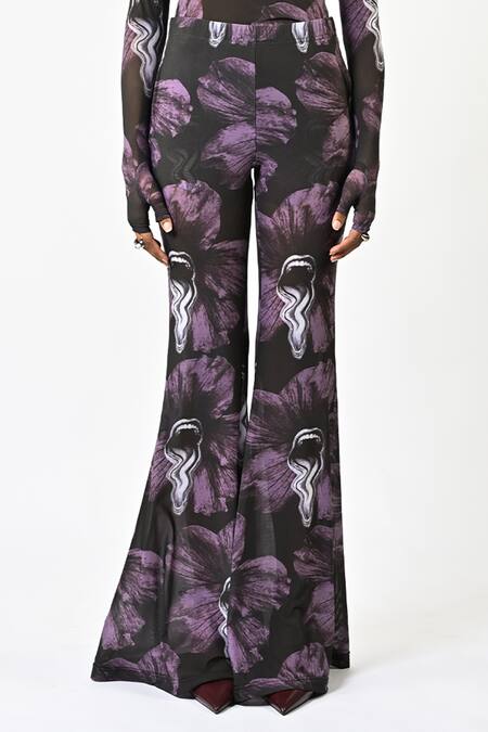 Shop_Huemn_Purple Lycra, Net Sculpted Printed Bootcut Pant _Online_at_Aza_Fashions
