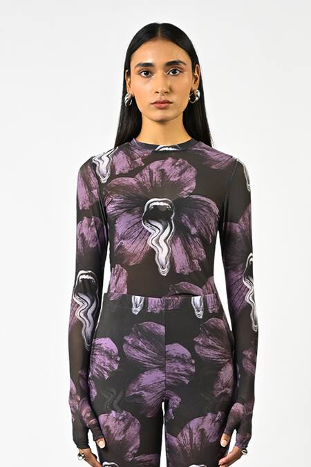 Huemn_Purple Lycra, Net Sculpted Printed Bootcut Pant _at_Aza_Fashions