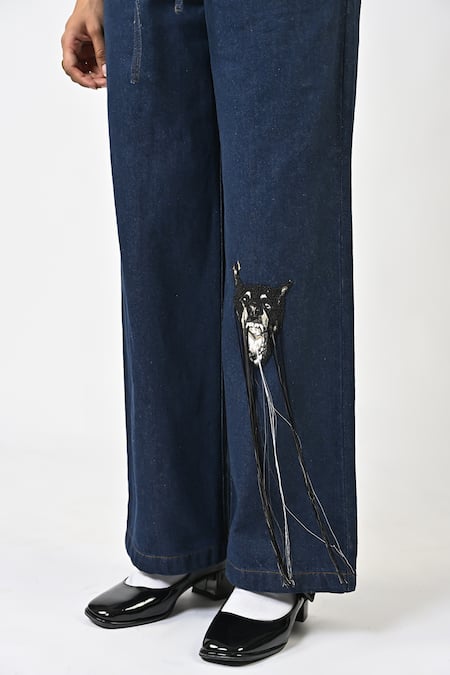 Huemn Blue Denim, Cotton Embroidery Straight Fit Hand Canine Pant Online at Aza Fashions Huemn_Blue Denim, Cotton Embroidery Straight Fit Hand Canine Pant _Online_at_Aza_Fashions
