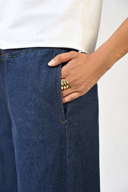 Shop Huemn Blue Denim, Cotton Embroidery Straight Fit Hand Canine Pant Online at Aza Fashions Shop_Huemn_Blue Denim, Cotton Embroidery Straight Fit Hand Canine Pant _Online_at_Aza_Fashions