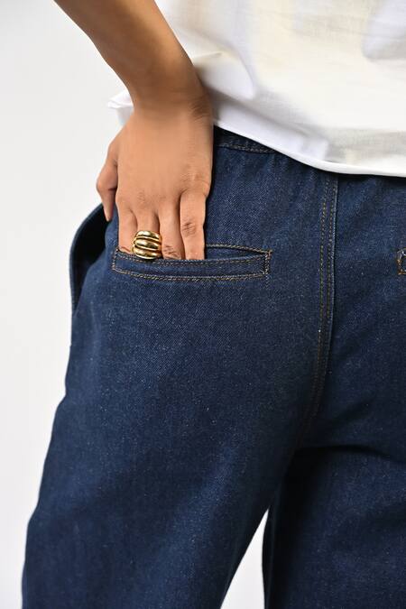 Huemn Blue Denim, Cotton Embroidery Straight Fit Hand Canine Pant at Aza Fashions Huemn_Blue Denim, Cotton Embroidery Straight Fit Hand Canine Pant _at_Aza_Fashions