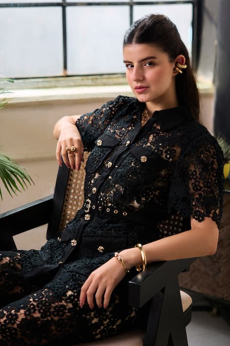 Label Deepika Nagpal Black Mesh Embroidery, Metallic Thread, Studs Collared Wren Shirt And Pant Set Online at Aza Fashions Label Deepika Nagpal_Black Mesh Embroidery, Metallic Thread, Studs Collared Wren Shirt And Pant Set _Online_at_Aza_Fashions