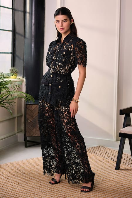 Buy Label Deepika Nagpal Black Mesh Embroidery, Metallic Thread, Studs Collared Wren Shirt And Pant Set Online at Aza Fashions Buy_Label Deepika Nagpal_Black Mesh Embroidery, Metallic Thread, Studs Collared Wren Shirt And Pant Set _Online_at_Aza_Fashions