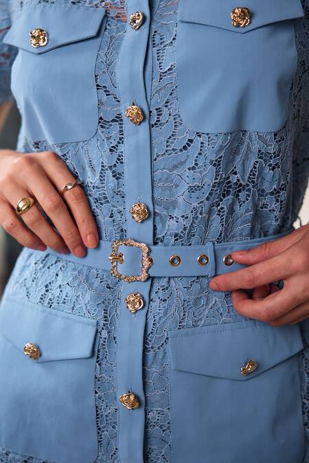 Buy Label Deepika Nagpal Blue Lace, Mesh Embroidery, Metallic Thread, Studs Wren Shirt And Pant Set Online at Aza Fashions Buy_Label Deepika Nagpal_Blue Lace, Mesh Embroidery, Metallic Thread, Studs Wren Shirt And Pant Set _Online_at_Aza_Fashions