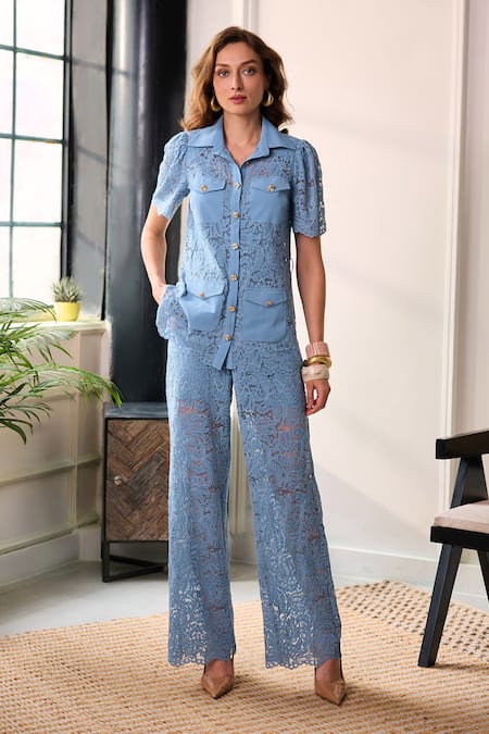 Label Deepika Nagpal Blue Lace, Mesh Embroidery, Metallic Thread, Studs Wren Shirt And Pant Set 