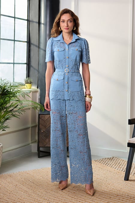 Shop Label Deepika Nagpal Blue Lace, Mesh Embroidery, Metallic Thread, Studs Wren Shirt And Pant Set Online at Aza Fashions Shop_Label Deepika Nagpal_Blue Lace, Mesh Embroidery, Metallic Thread, Studs Wren Shirt And Pant Set _Online_at_Aza_Fashions