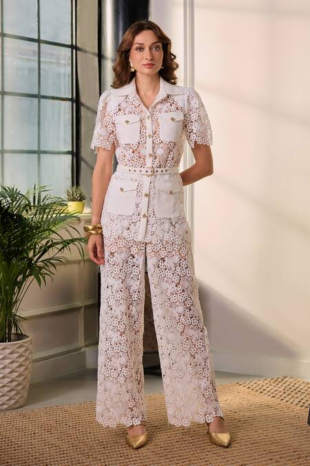 Shop Label Deepika Nagpal White Mesh Embroidery Collared Wren Shirt And Pant Set Online at Aza Fashions Shop_Label Deepika Nagpal_White Mesh Embroidery Collared Wren Shirt And Pant Set _Online_at_Aza_Fashions