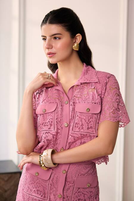Label Deepika Nagpal Pink Mesh Collared Naya Lace Cropped Shirt And Midi Skirt Set Online at Aza Fashions Label Deepika Nagpal_Pink Mesh Collared Naya Lace Cropped Shirt And Midi Skirt Set _Online_at_Aza_Fashions