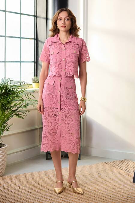 Buy Label Deepika Nagpal Pink Mesh Collared Naya Lace Cropped Shirt And Midi Skirt Set Online at Aza Fashions Buy_Label Deepika Nagpal_Pink Mesh Collared Naya Lace Cropped Shirt And Midi Skirt Set _Online_at_Aza_Fashions