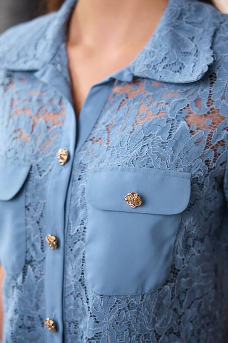 Label Deepika Nagpal Blue Mesh Collared Naya Lace Cropped Shirt And Midi Skirt Set Online at Aza Fashions Label Deepika Nagpal_Blue Mesh Collared Naya Lace Cropped Shirt And Midi Skirt Set _Online_at_Aza_Fashions