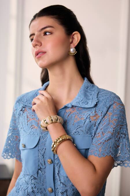 Shop Label Deepika Nagpal Blue Mesh Collared Naya Lace Cropped Shirt And Midi Skirt Set Online at Aza Fashions Shop_Label Deepika Nagpal_Blue Mesh Collared Naya Lace Cropped Shirt And Midi Skirt Set _Online_at_Aza_Fashions
