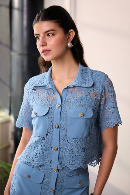 Label Deepika Nagpal Blue Mesh Collared Naya Lace Cropped Shirt And Midi Skirt Set at Aza Fashions Label Deepika Nagpal_Blue Mesh Collared Naya Lace Cropped Shirt And Midi Skirt Set _at_Aza_Fashions