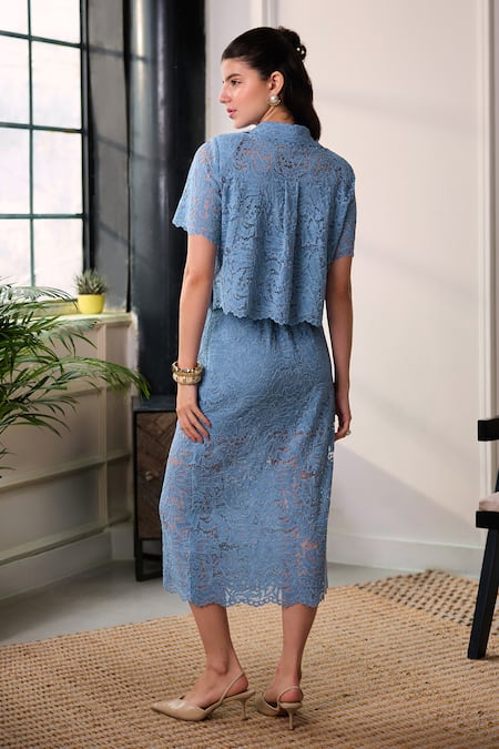 Label Deepika Nagpal Naya Lace Mesh Cropped Shirt & Midi Skirt Set 