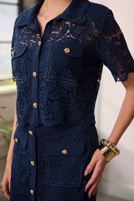Label Deepika Nagpal Navy Mesh Collared Naya Lace Cropped Shirt And Midi Skirt Set Online at Aza Fashions Label Deepika Nagpal_Navy Mesh Collared Naya Lace Cropped Shirt And Midi Skirt Set _Online_at_Aza_Fashions