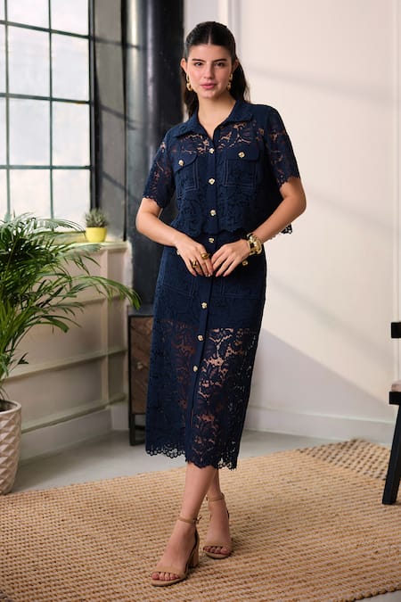 Label Deepika Nagpal Naya Lace Mesh Cropped Shirt & Midi Skirt Set 