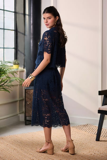 Label Deepika Nagpal Naya Lace Mesh Cropped Shirt & Midi Skirt Set 