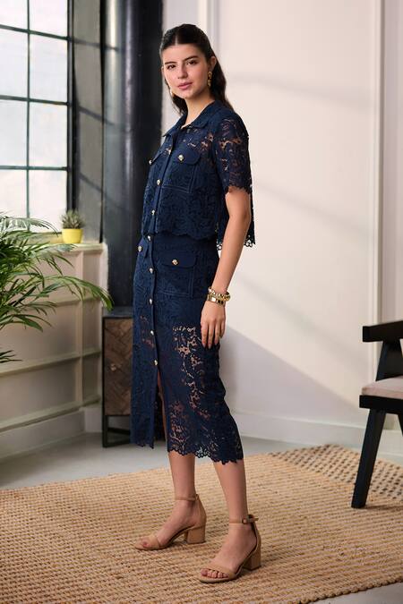 Shop Label Deepika Nagpal Navy Mesh Collared Naya Lace Cropped Shirt And Midi Skirt Set Online at Aza Fashions Shop_Label Deepika Nagpal_Navy Mesh Collared Naya Lace Cropped Shirt And Midi Skirt Set _Online_at_Aza_Fashions