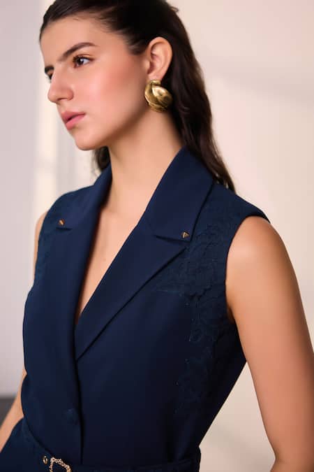 Label Deepika Nagpal Navy Crepe, Mesh Lace Cher Sleeveless Blazer And Embroidered Pant Set Online at Aza Fashions Label Deepika Nagpal_Navy Crepe, Mesh Lace Cher Sleeveless Blazer And Embroidered Pant Set _Online_at_Aza_Fashions