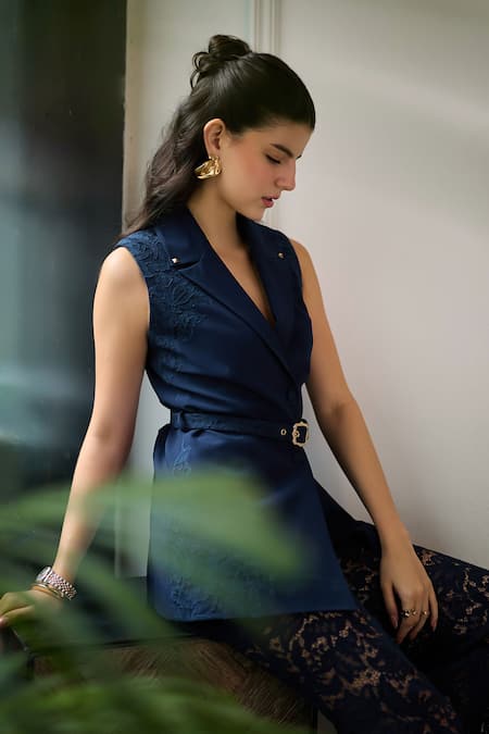 Shop Label Deepika Nagpal Navy Crepe, Mesh Lace Cher Sleeveless Blazer And Embroidered Pant Set Online at Aza Fashions Shop_Label Deepika Nagpal_Navy Crepe, Mesh Lace Cher Sleeveless Blazer And Embroidered Pant Set _Online_at_Aza_Fashions