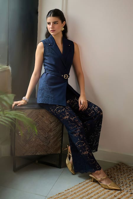 Label Deepika Nagpal Navy Crepe, Mesh Lace Cher Sleeveless Blazer And Embroidered Pant Set at Aza Fashions Label Deepika Nagpal_Navy Crepe, Mesh Lace Cher Sleeveless Blazer And Embroidered Pant Set _at_Aza_Fashions