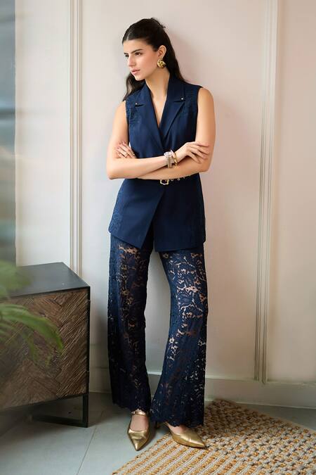Shop Label Deepika Nagpal Navy Crepe, Mesh Lace Cher Sleeveless Blazer And Embroidered Pant Set Shop_Label Deepika Nagpal_Navy Crepe, Mesh Lace Cher Sleeveless Blazer And Embroidered Pant Set