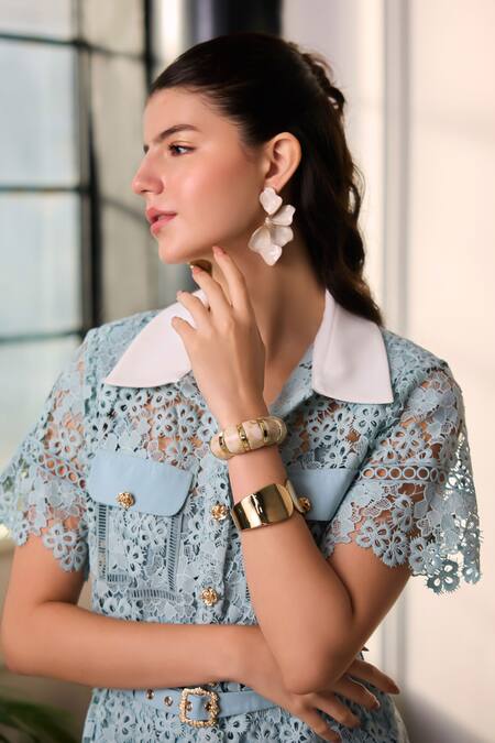 Buy_Label Deepika Nagpal_Blue Mesh, Crepe Embroidery, Metallic Thread Collared Artemis Shirt And Pant Set _Online_at_Aza_Fashions