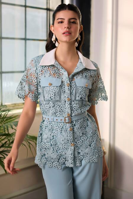 Label Deepika Nagpal_Blue Mesh, Crepe Embroidery, Metallic Thread Collared Artemis Shirt And Pant Set _at_Aza_Fashions