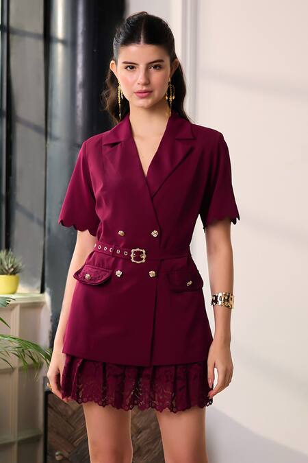 Label Deepika Nagpal Red Crepe, , Mesh Esther Scallop Blazer And Pleated Skorts Set Online at Aza Fashions Label Deepika Nagpal_Red Crepe, , Mesh Esther Scallop Blazer And Pleated Skorts Set _Online_at_Aza_Fashions
