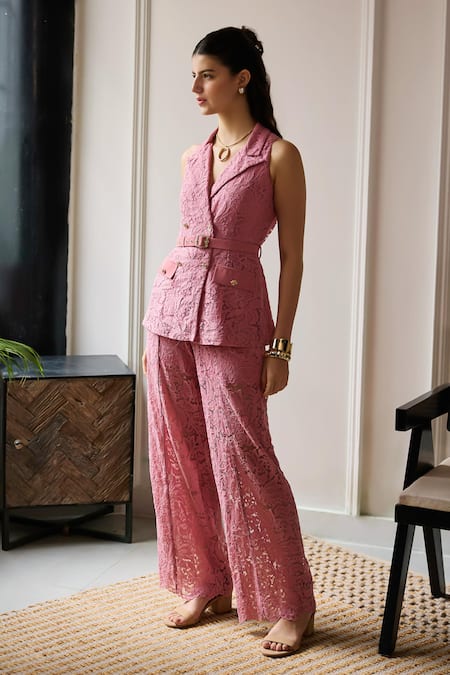 Label Deepika Nagpal Ellen Lace Mesh Sleeveless Blazer & Pant Set 