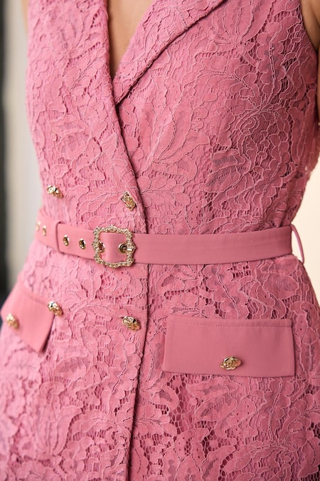 Label Deepika Nagpal_Pink Mesh, Lace Ellen Sleeveless Blazer And Pant Set _at_Aza_Fashions