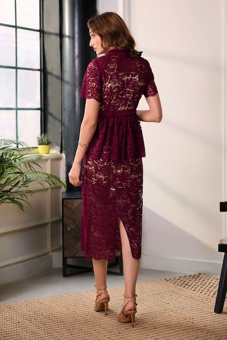 Label Deepika Nagpal Opera Lace Mesh Peplum Top & Midi Skirt Set 