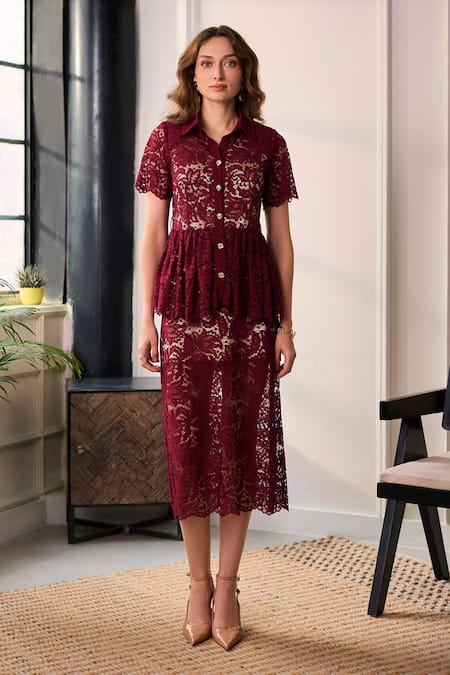 Shop Label Deepika Nagpal Burgundy Lace, Mesh Studs Collared Opera Peplum Top And Midi Skirt Set Online at Aza Fashions Shop_Label Deepika Nagpal_Burgundy Lace, Mesh Studs Collared Opera Peplum Top And Midi Skirt Set _Online_at_Aza_Fashions