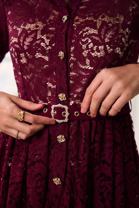 Buy Label Deepika Nagpal Burgundy Lace, Mesh Studs Collared Opera Peplum Top And Midi Skirt Set Buy_Label Deepika Nagpal_Burgundy Lace, Mesh Studs Collared Opera Peplum Top And Midi Skirt Set