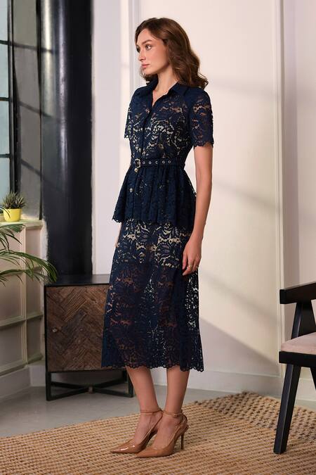 Label Deepika Nagpal_Navy Mesh Lace, Sequins Collared Opera Peplum Top And Midi Skirt Set _Online_at_Aza_Fashions