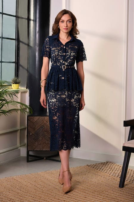 Label Deepika Nagpal Opera Lace Mesh Peplum Top & Midi Skirt Set 