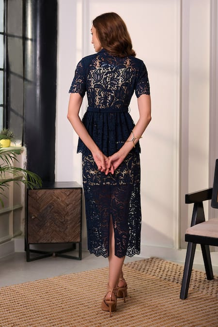 Label Deepika Nagpal Opera Lace Mesh Peplum Top & Midi Skirt Set 