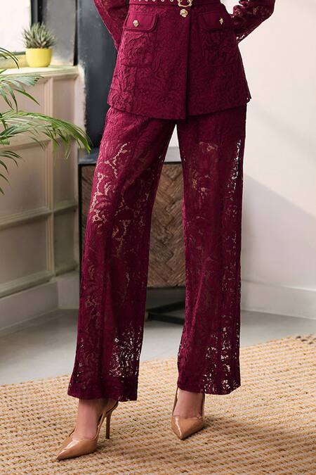 Label Deepika Nagpal_Red Mesh Piping, Lace, Studs Lydia Blazer And Pant Set _Online_at_Aza_Fashions