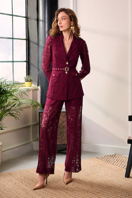 Buy_Label Deepika Nagpal_Red Mesh Piping, Lace, Studs Lydia Blazer And Pant Set _Online_at_Aza_Fashions