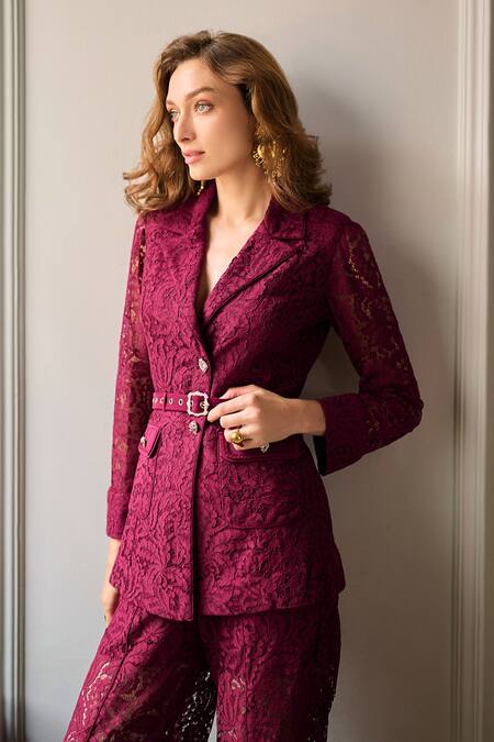 Shop_Label Deepika Nagpal_Red Mesh Piping, Lace, Studs Lydia Blazer And Pant Set _Online_at_Aza_Fashions