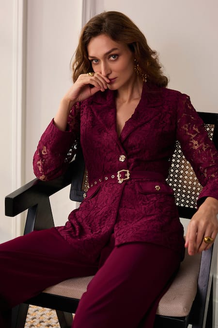 Label Deepika Nagpal_Burgundy Mesh, Lace, Crepe Embroidery, Metallic Leah Opera Blazer And Pant Set _Online_at_Aza_Fashions