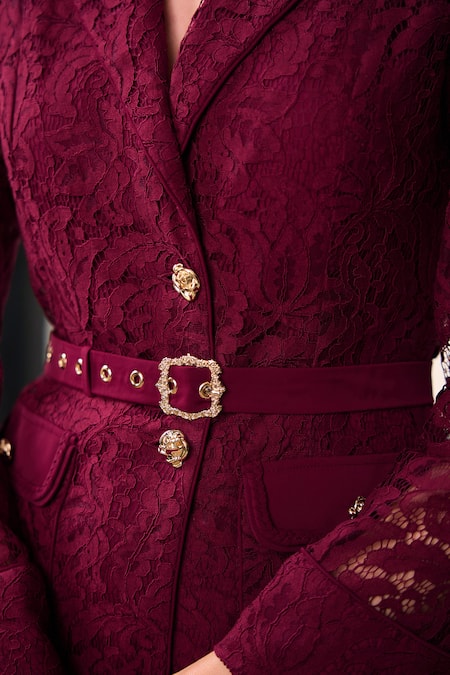 Buy_Label Deepika Nagpal_Burgundy Mesh, Lace, Crepe Embroidery, Metallic Leah Opera Blazer And Pant Set _Online_at_Aza_Fashions