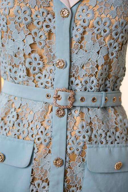 Buy_Label Deepika Nagpal_Blue Mesh Embroidery, Sequins Collared Wreya Dress With Belt _Online_at_Aza_Fashions