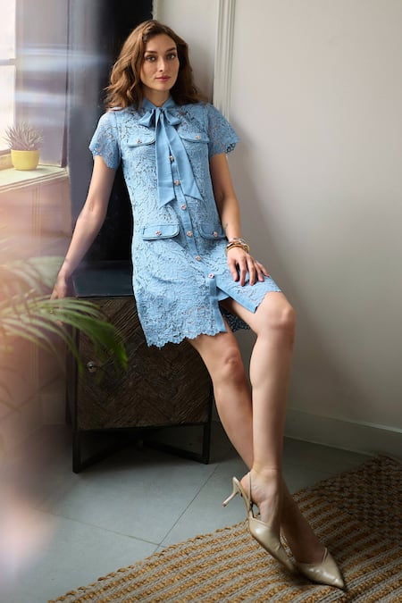 Buy_Label Deepika Nagpal_Blue Mesh, Lace Collared Gigi Scalloped Short Dress _Online_at_Aza_Fashions
