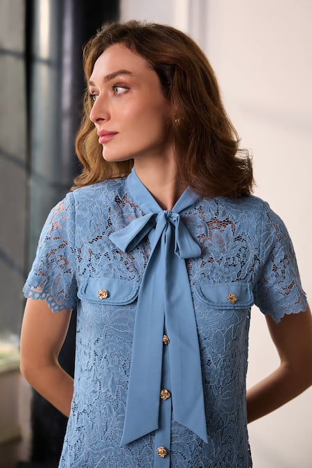 Label Deepika Nagpal_Blue Mesh, Lace Collared Gigi Scalloped Short Dress _at_Aza_Fashions