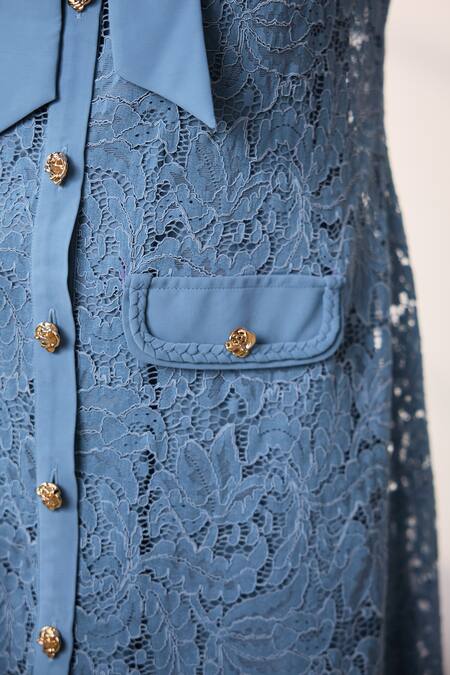 Buy_Label Deepika Nagpal_Blue Mesh, Lace Collared Gigi Scalloped Short Dress 