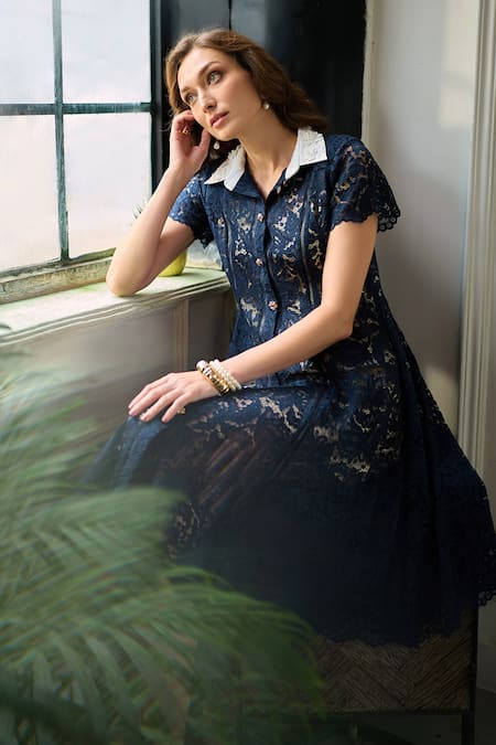 Buy_Label Deepika Nagpal_Navy Mesh Fabric Flowers, Lace Collared Sinatra Midi Dress _Online_at_Aza_Fashions