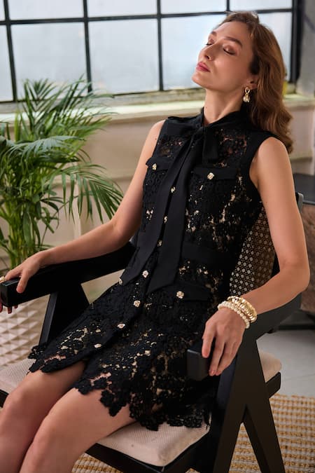 Shop_Label Deepika Nagpal_Black Mesh Metallic Thread, Lace Collared Soma Embroidered Short Dress _Online_at_Aza_Fashions